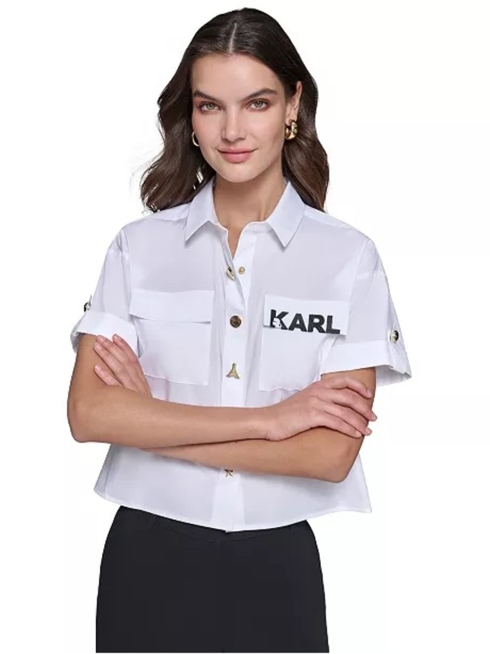 Karl Lagerfeld White Short-Sleeve Button-Front Kids Shirt with KARL Patch